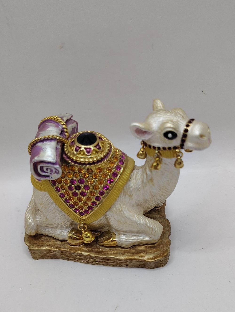 Bejeweled White Camel Trinket Box Faberge Figurine with Colored Crystals